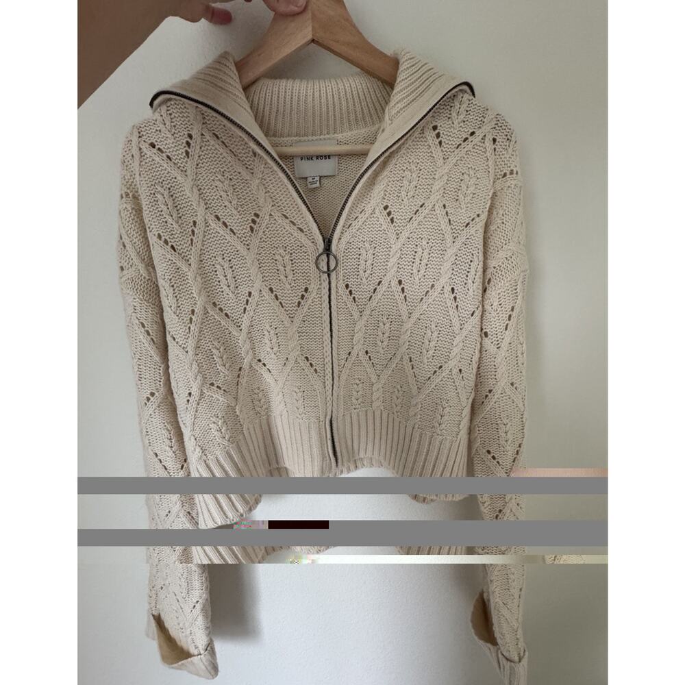 Pink Rose Womens Beige Medium Cable Knit Cropped Zip Cardigan Sweater Old Money
